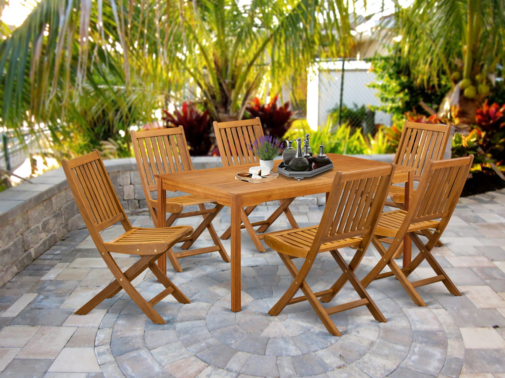 CMDK75XA6 Elegant 7-Piece Acacia Wood Outdoor Dining Ensemble with Rectangular Table & 6 Foldable Seats, Natural Oil