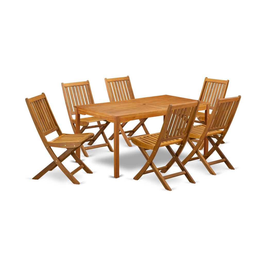 CMDK75XA6 Elegant 7-Piece Acacia Wood Outdoor Dining Ensemble with Rectangular Table & 6 Foldable Seats, Natural Oil