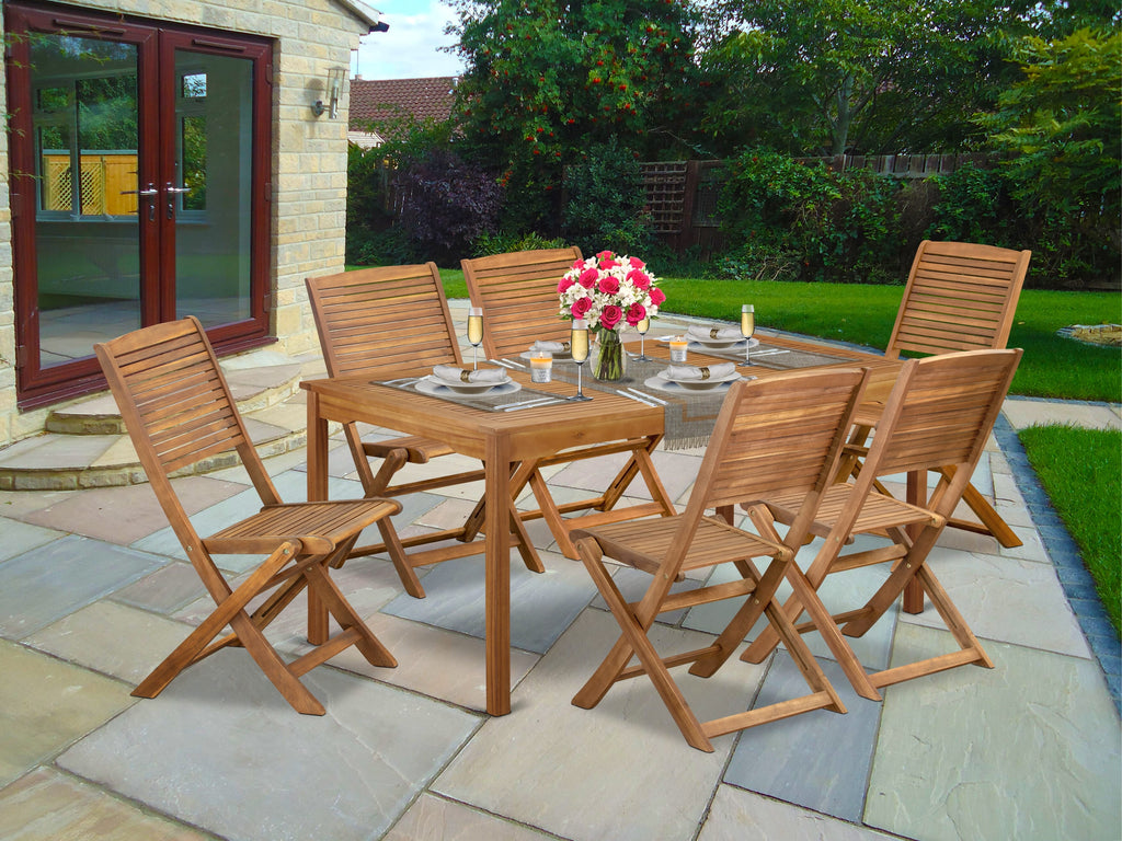 CMFM702EA 7-Piece Outdoor Dining Ensemble with Acacia Table and 6 Folding Chairs, Natural Finish, 36x66