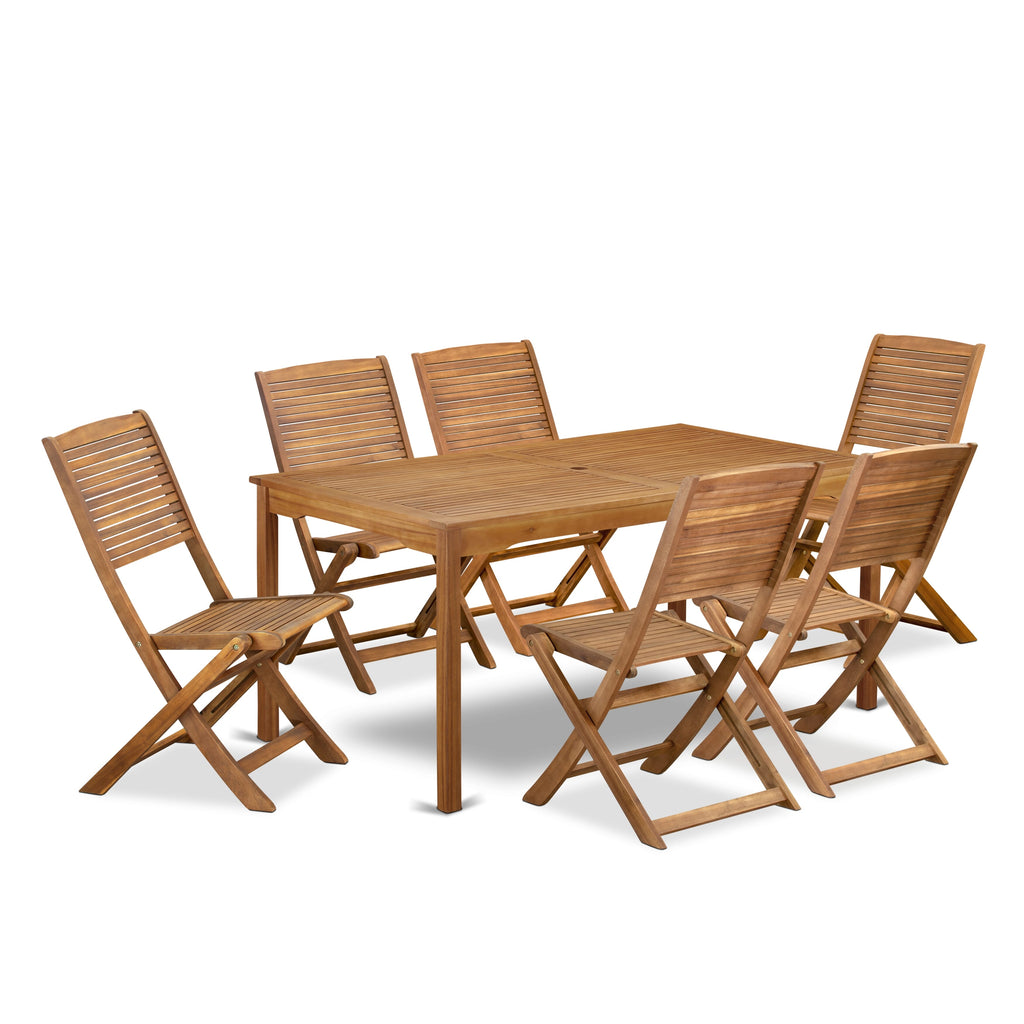 CMFM702EA 7-Piece Outdoor Dining Ensemble with Acacia Table and 6 Folding Chairs, Natural Finish, 36x66