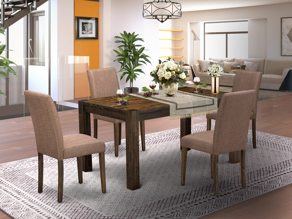 Renovated CNAB5-39-O7 5-Piece Dining Ensemble with Rustic Rectangle Table and 4 Light Linen Parsons Chairs, 36x60, Jacobean