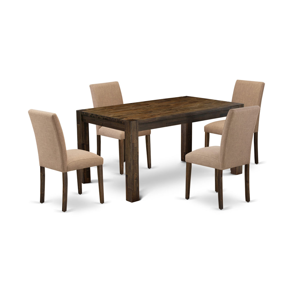 Renovated CNAB5-39-O7 5-Piece Dining Ensemble with Rustic Rectangle Table and 4 Light Linen Parsons Chairs, 36x60, Jacobean