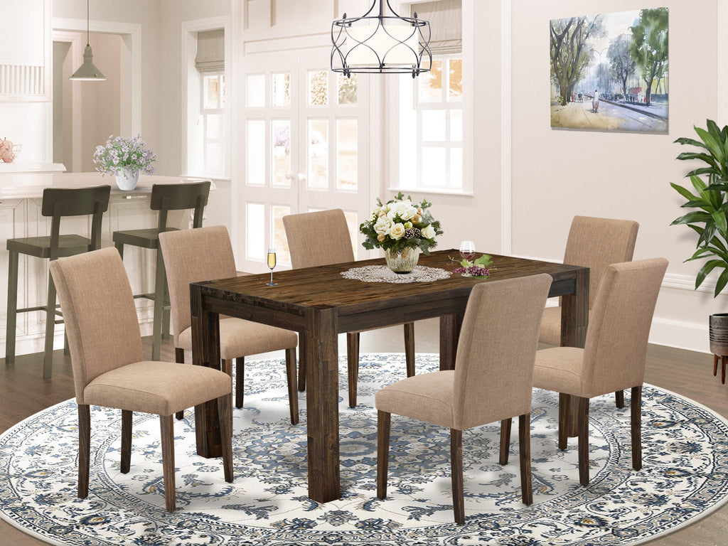 CNAB7-VD-K8 7-Piece Rustic Dining Ensemble Featuring Rectangular Table & Fabric Chairs, Jacobean Finish