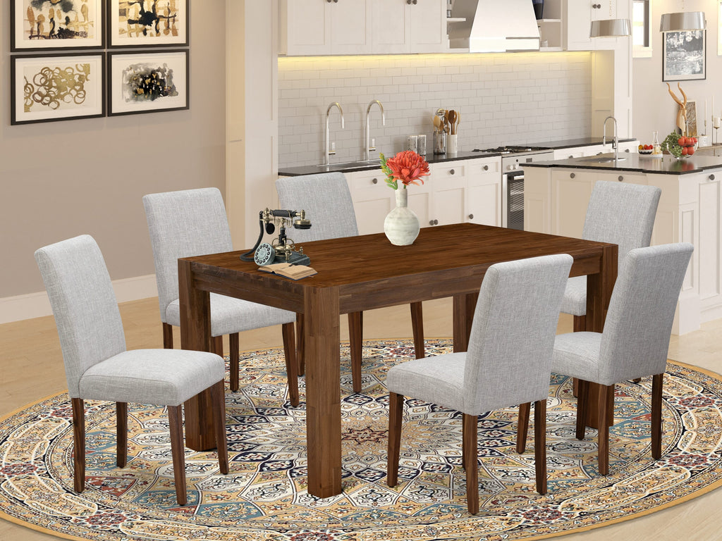 CNAB7-5X-QG Rustic 7pc Dining Collection with Rectangular Table & Doeskin Upholstered Chairs, Walnut
