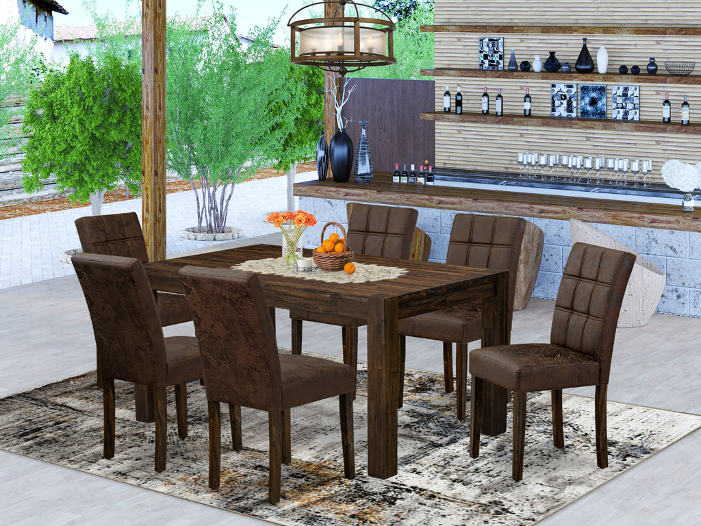 CNAS7-J5-UQB Elegant 7-Piece Dining Ensemble with Distressed Jacobean Table and Modern Faux Leather Chairs Set