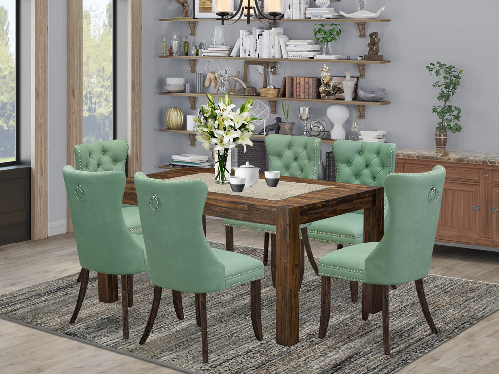 CNDA7-QU-9CV 7 Pc Dining Ensemble with Rustic Wood Table & Upholstered Seats, 36x60, Distressed Jacobean