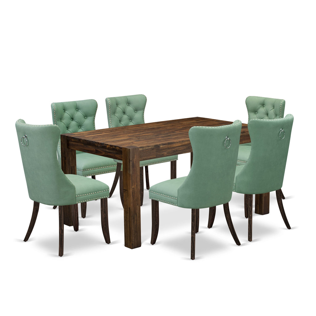 CNDA7-QU-9CV 7 Pc Dining Ensemble with Rustic Wood Table & Upholstered Seats, 36x60, Distressed Jacobean