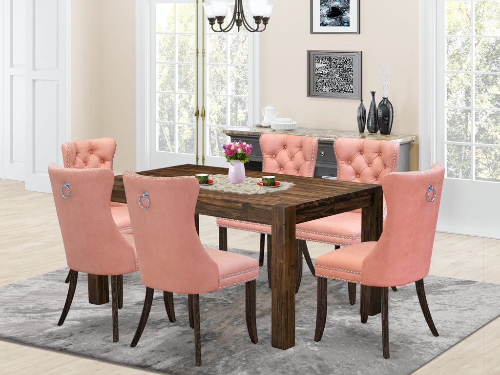 Set 7-Piece Dining CNDA7-6T-CM2 Rustic Table & 6 Upholstered Chairs with Distressed Jacobean, 36x60