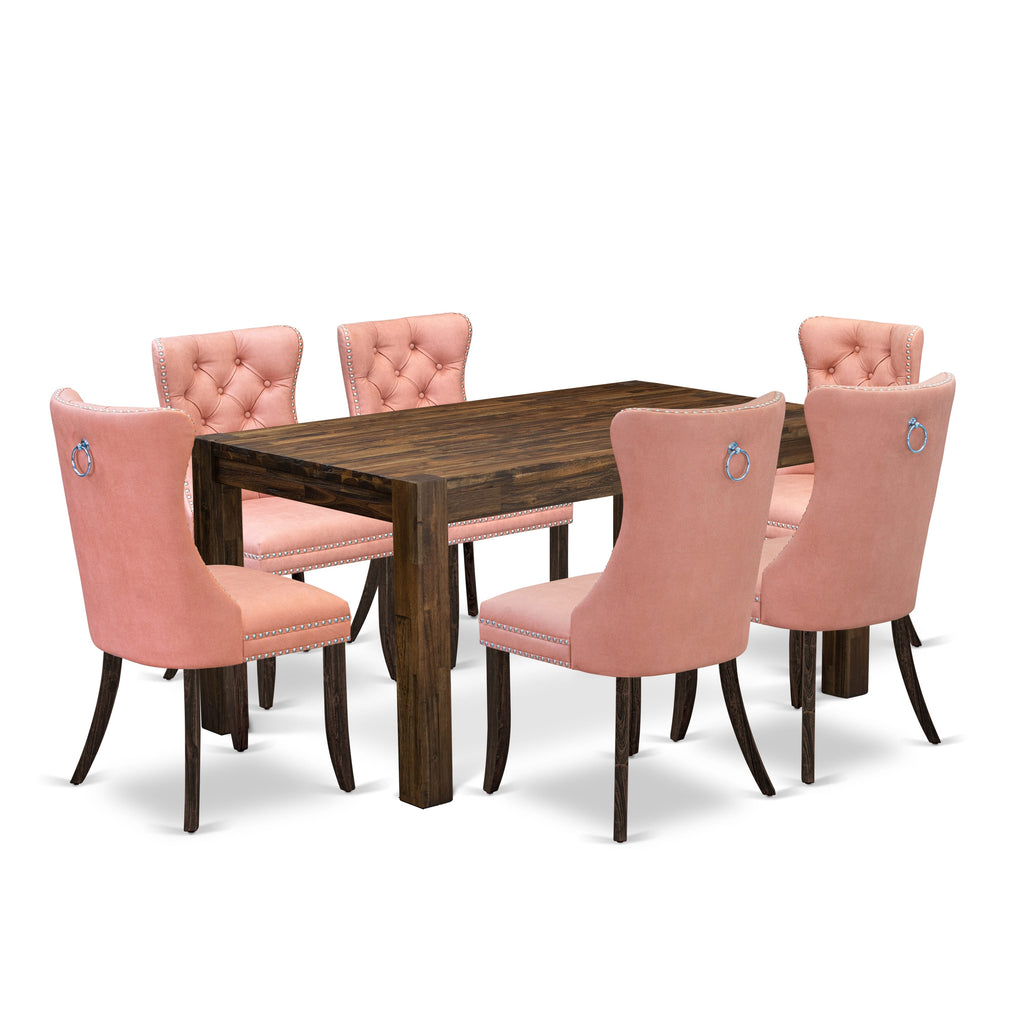 Set 7-Piece Dining CNDA7-6T-CM2 Rustic Table & 6 Upholstered Chairs with Distressed Jacobean, 36x60