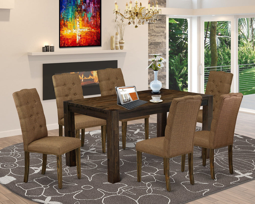 CNEL7-B9-HE Dining Set 7-Piece Rustic Wood Table with 6 Brown Upholstered Chairs