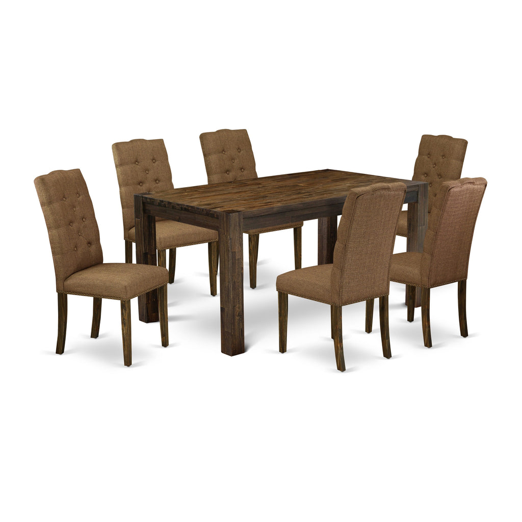 CNEL7-B9-HE Dining Set 7-Piece Rustic Wood Table with 6 Brown Upholstered Chairs