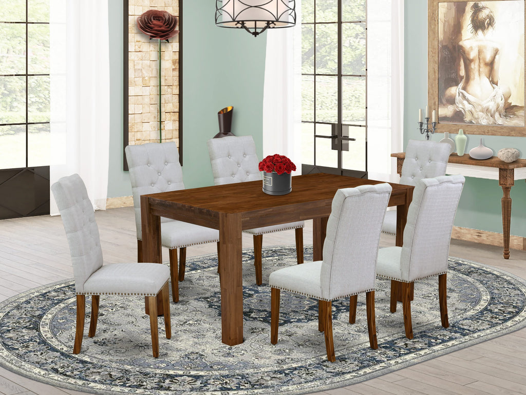 CNEL7-EA-Y0 7-Piece Rectangle Dining Set with Rustic Table & 6 Grey Chairs, 36x60 Inch, Natural Finish