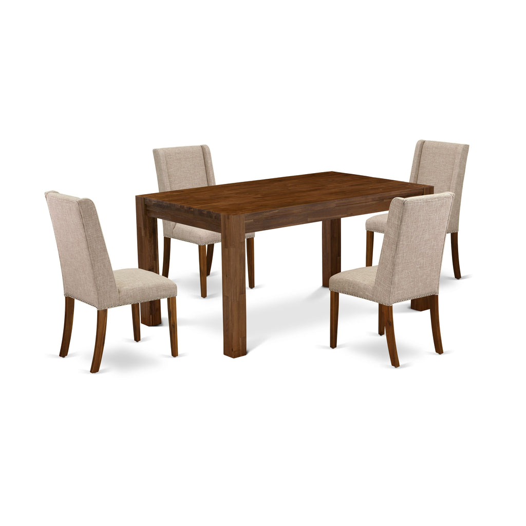 CNFL5-6X-C0 5 Piece Dining Set with Rustic Rectangle Table and 4 Upholstered Chairs in Light Tan Linen