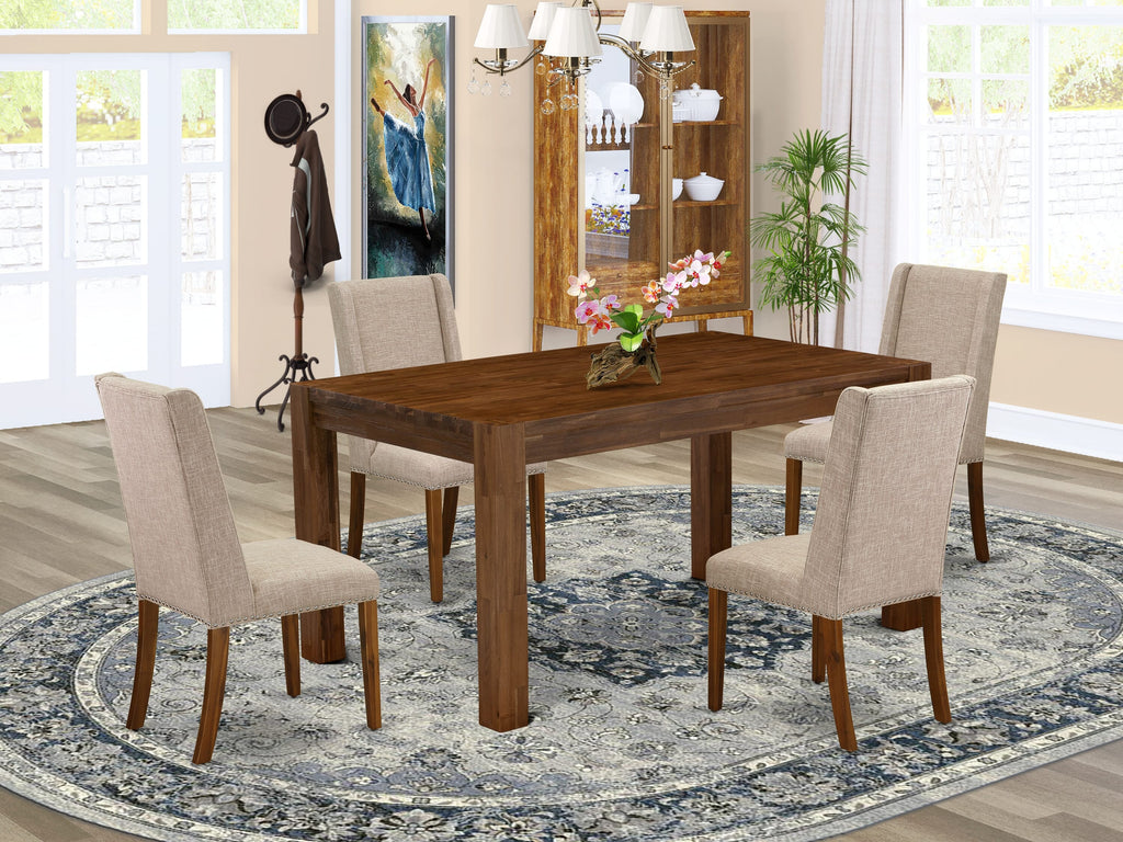 CNFL5-6X-C0 5 Piece Dining Set with Rustic Rectangle Table and 4 Upholstered Chairs in Light Tan Linen