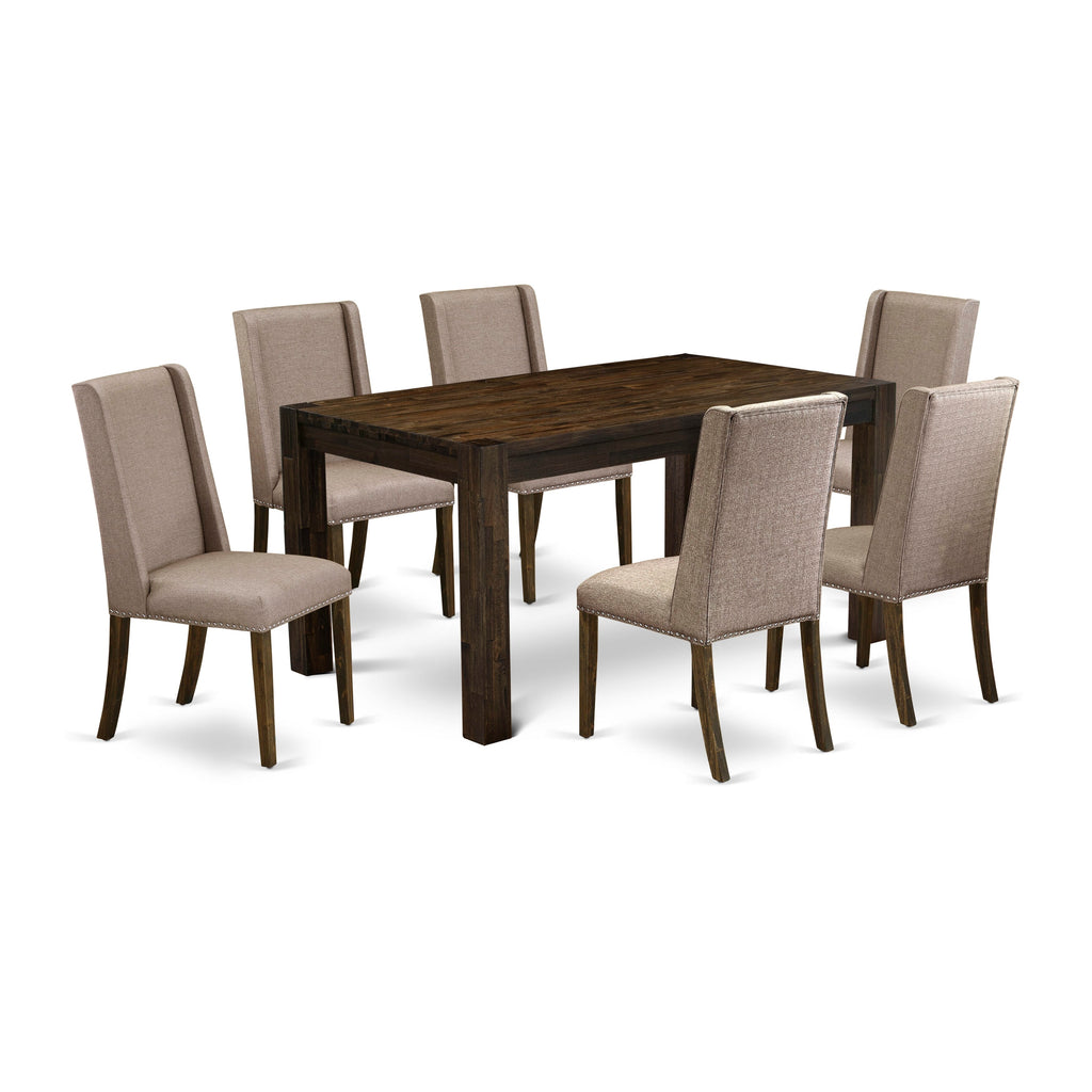 CNFL7-9Q-N0 Rustic Wood Rectangle Dining Table Set with 6 Dark Khaki Chairs, 7-Piece, 36x60