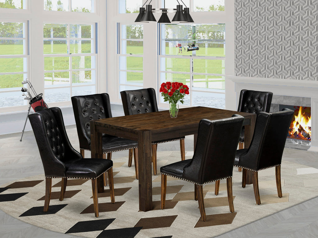 CNFO7-BH-LW 7-Piece Dining Ensemble Rustic Rectangular Table & 6 Upholstered Black Leather Chairs, Jacobean