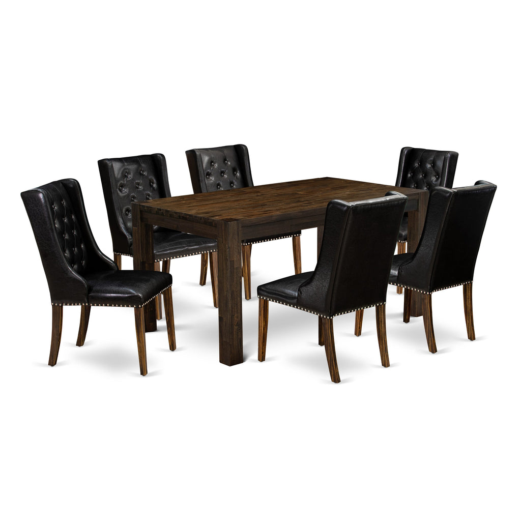 CNFO7-BH-LW 7-Piece Dining Ensemble Rustic Rectangular Table & 6 Upholstered Black Leather Chairs, Jacobean