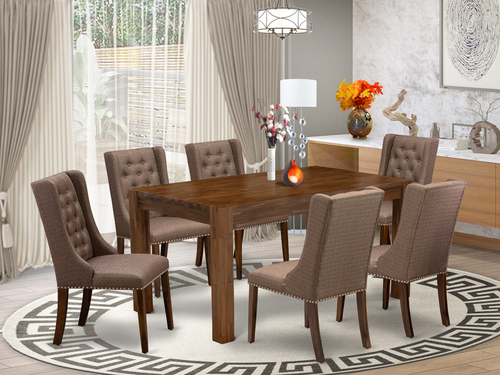 Modern CNFO7-WQ-QS 7 Piece Dining Set with Wood Table and Brown Linen Chairs, 36x60 Inch