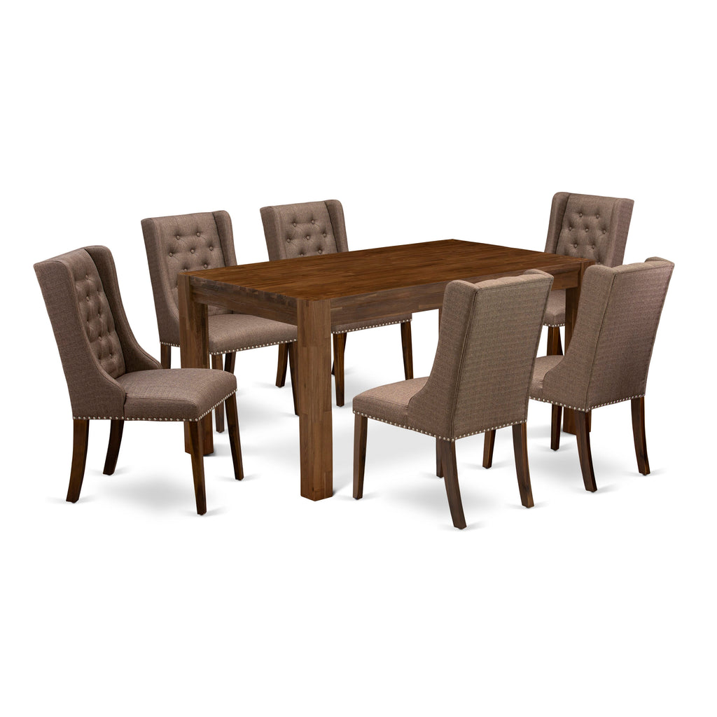 Modern CNFO7-WQ-QS 7 Piece Dining Set with Wood Table and Brown Linen Chairs, 36x60 Inch