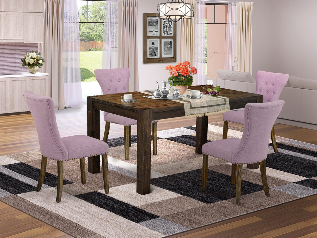 Dining Experience Set CNGA5-UG-4O Rustic Table with 4 Parson Linen Fabric Chairs, Jacobean Finish, 36x60 Inch