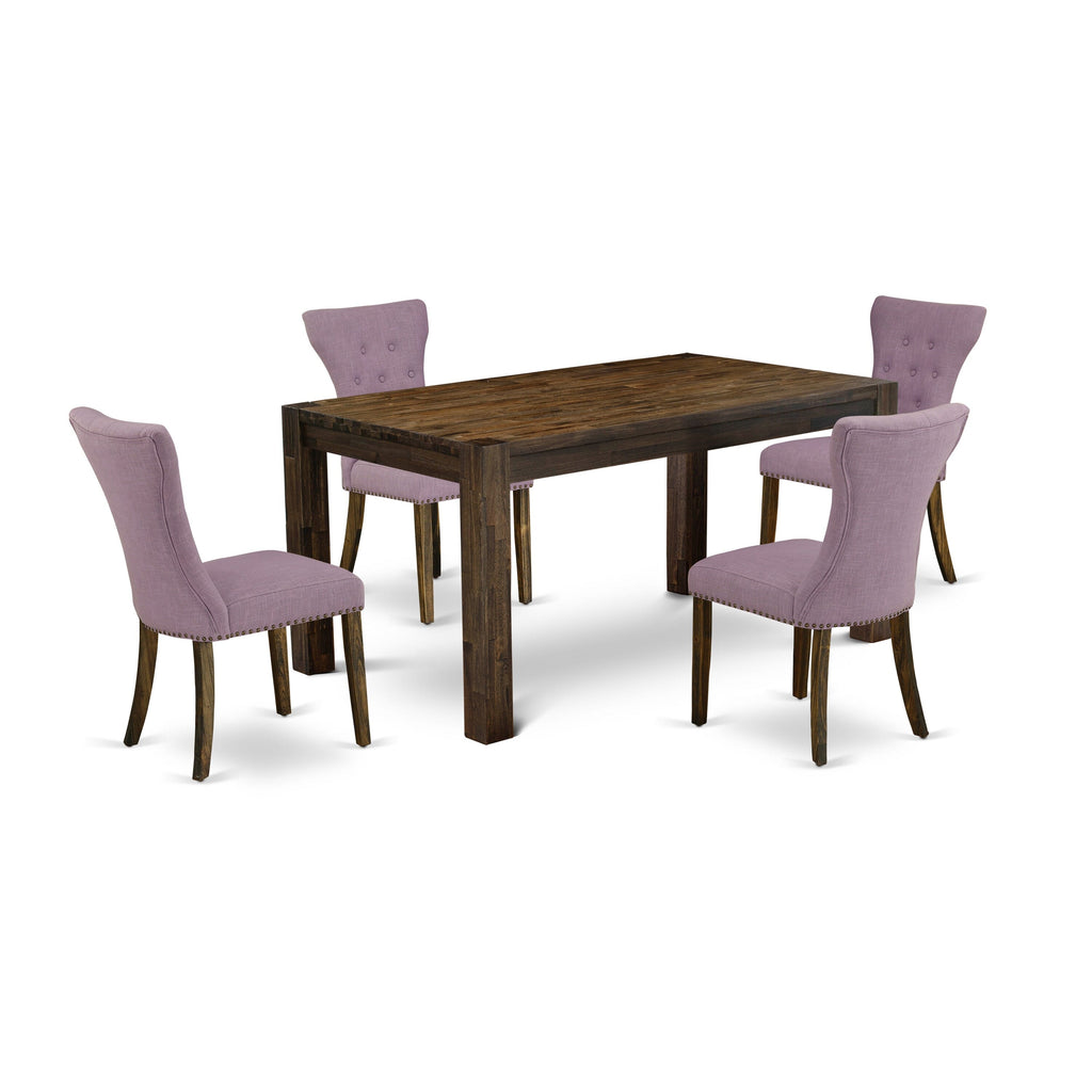Dining Experience Set CNGA5-UG-4O Rustic Table with 4 Parson Linen Fabric Chairs, Jacobean Finish, 36x60 Inch