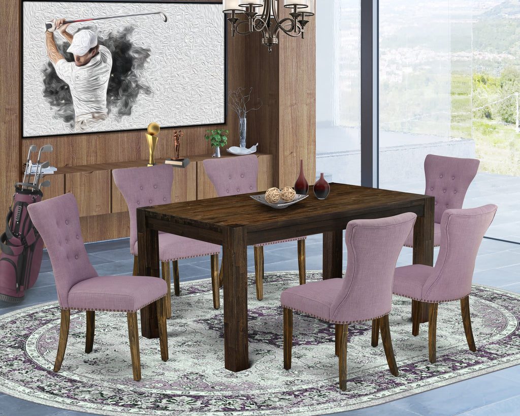 CNGA7-PY-FQ 7 Piece Dining Set with Rectangle Table and 6 Chic Linen Parsons Chairs, 36x60, Jacobean