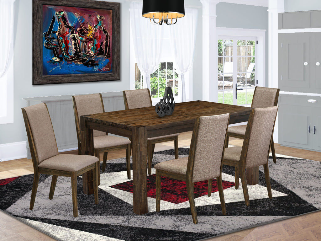 Sku CNLA7-S7-I7 7-Piece Dining Ensemble with Rustic Wood Table & Dark Khaki Linen Chairs, 36x60