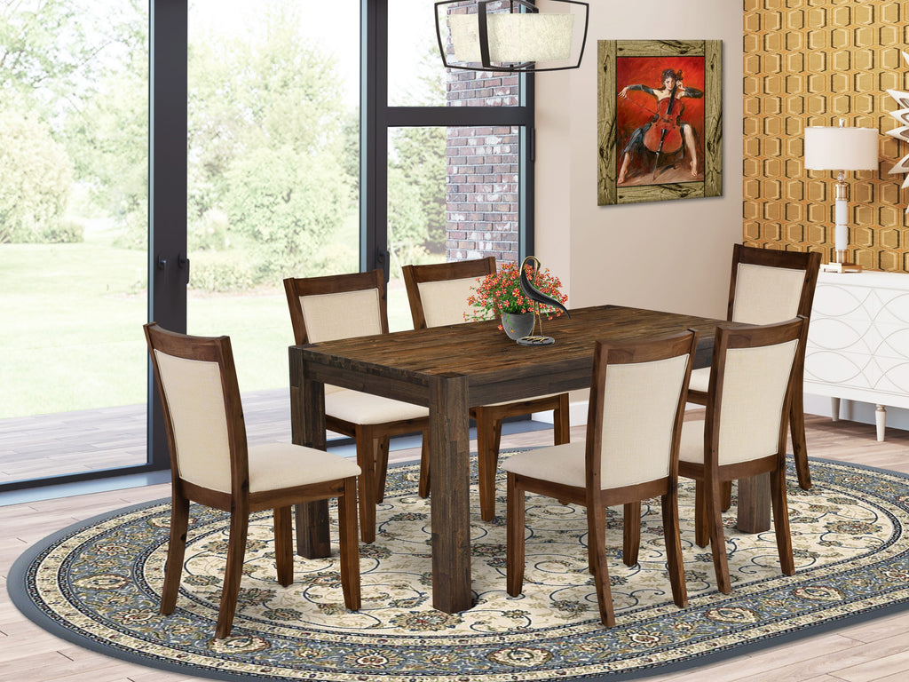 Dining Room Set CNMZ7-HR-FB Rustic Wood Table & 6 Light Fabric Chairs, Walnut, 36x60