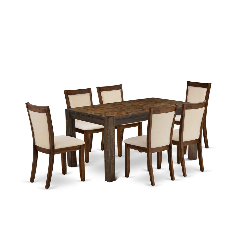 Dining Room Set CNMZ7-HR-FB Rustic Wood Table & 6 Light Fabric Chairs, Walnut, 36x60