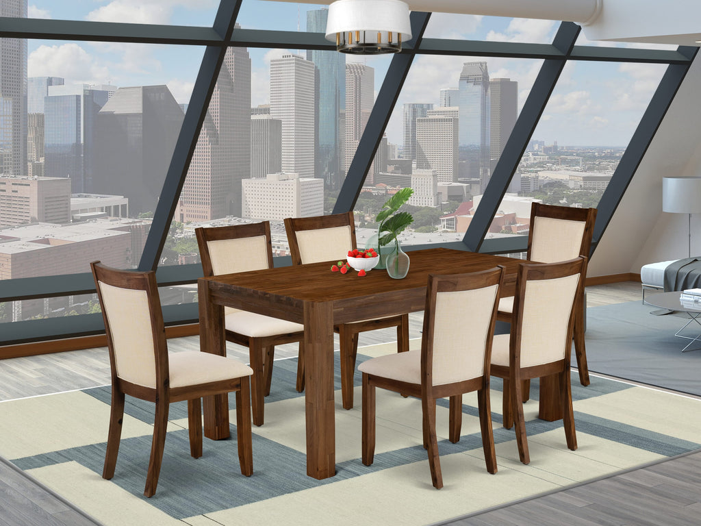 CNMZ7-MB-VY 7 Pc Modern Dining Set with Wood Rectangular Table & 6 Beige Fabric Chairs, Walnut Finish