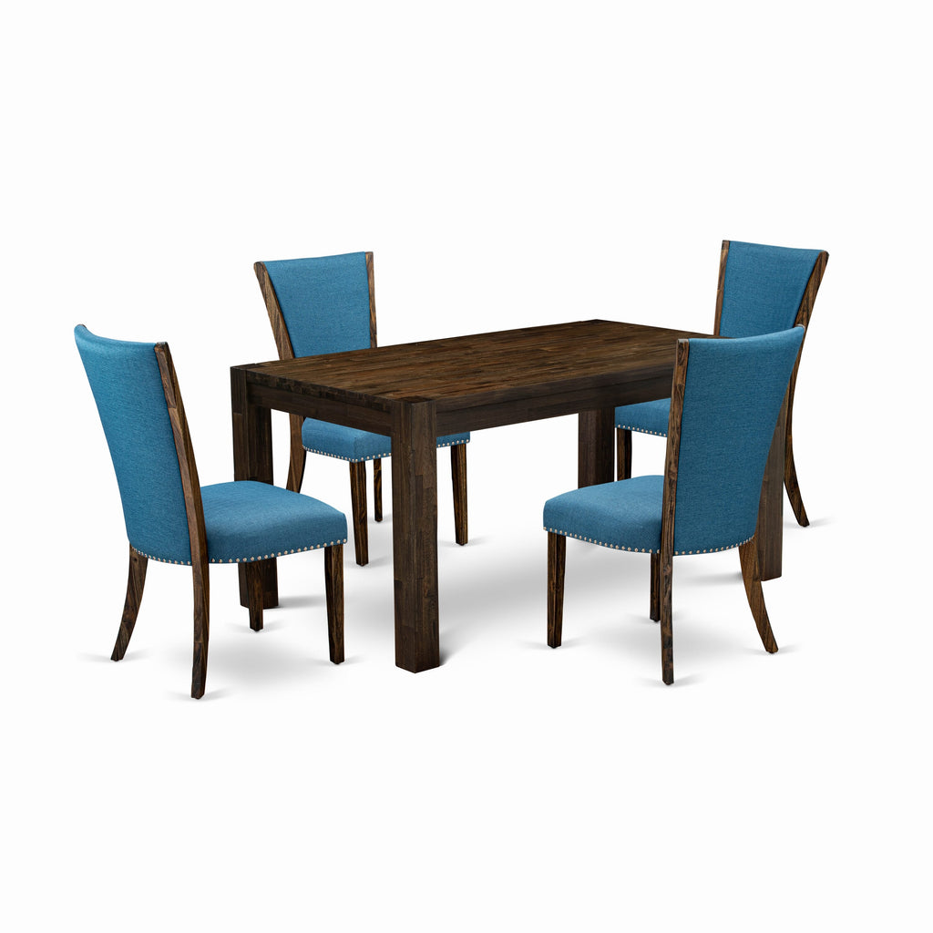 CNVE5-W6-RT 5-Piece Dining Ensemble with Rustic Rectangle Table and Blue Linen Parsons Chairs for Elegant Dining Experience