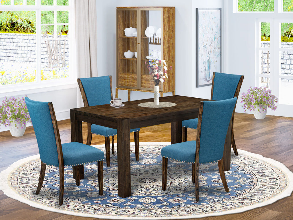 CNVE5-W6-RT 5-Piece Dining Ensemble with Rustic Rectangle Table and Blue Linen Parsons Chairs for Elegant Dining Experience