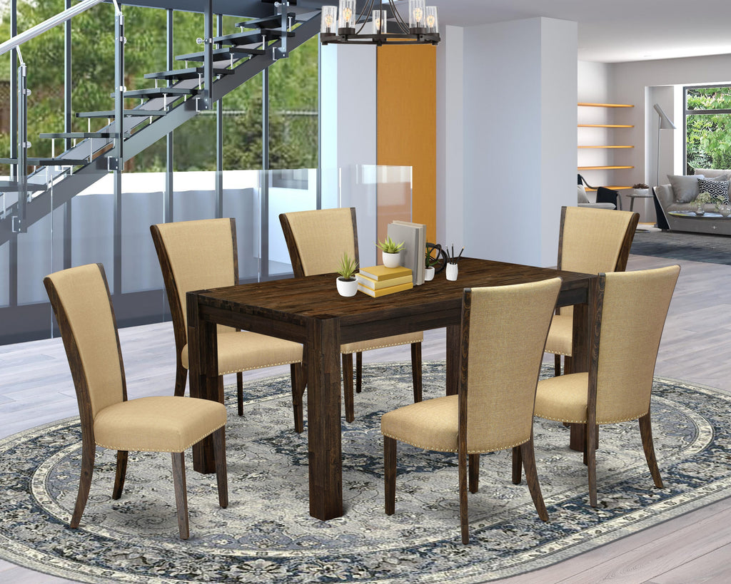 CNVE7-SK-3H 7 Piece Rustic Dining Collection Rectangle Wood Table and 6 Brown Linen Chairs, 36x60 Jacobean Style
