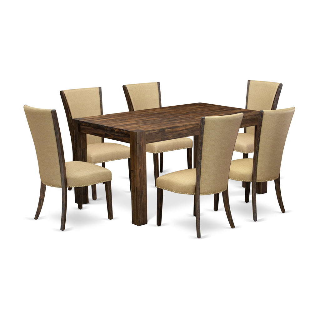 CNVE7-SK-3H 7 Piece Rustic Dining Collection Rectangle Wood Table and 6 Brown Linen Chairs, 36x60 Jacobean Style