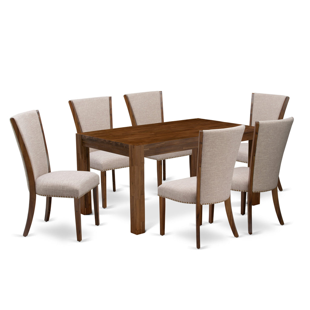 CNVE7-49-VL 7-Piece Dining Ensemble with Rectangular Table & 6 Beige Linen Chairs, 36x60 Natural Wood Style