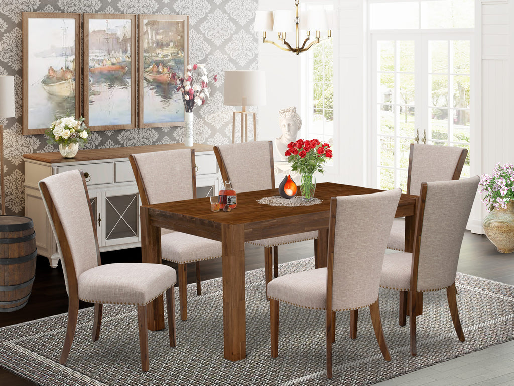 CNVE7-49-VL 7-Piece Dining Ensemble with Rectangular Table & 6 Beige Linen Chairs, 36x60 Natural Wood Style
