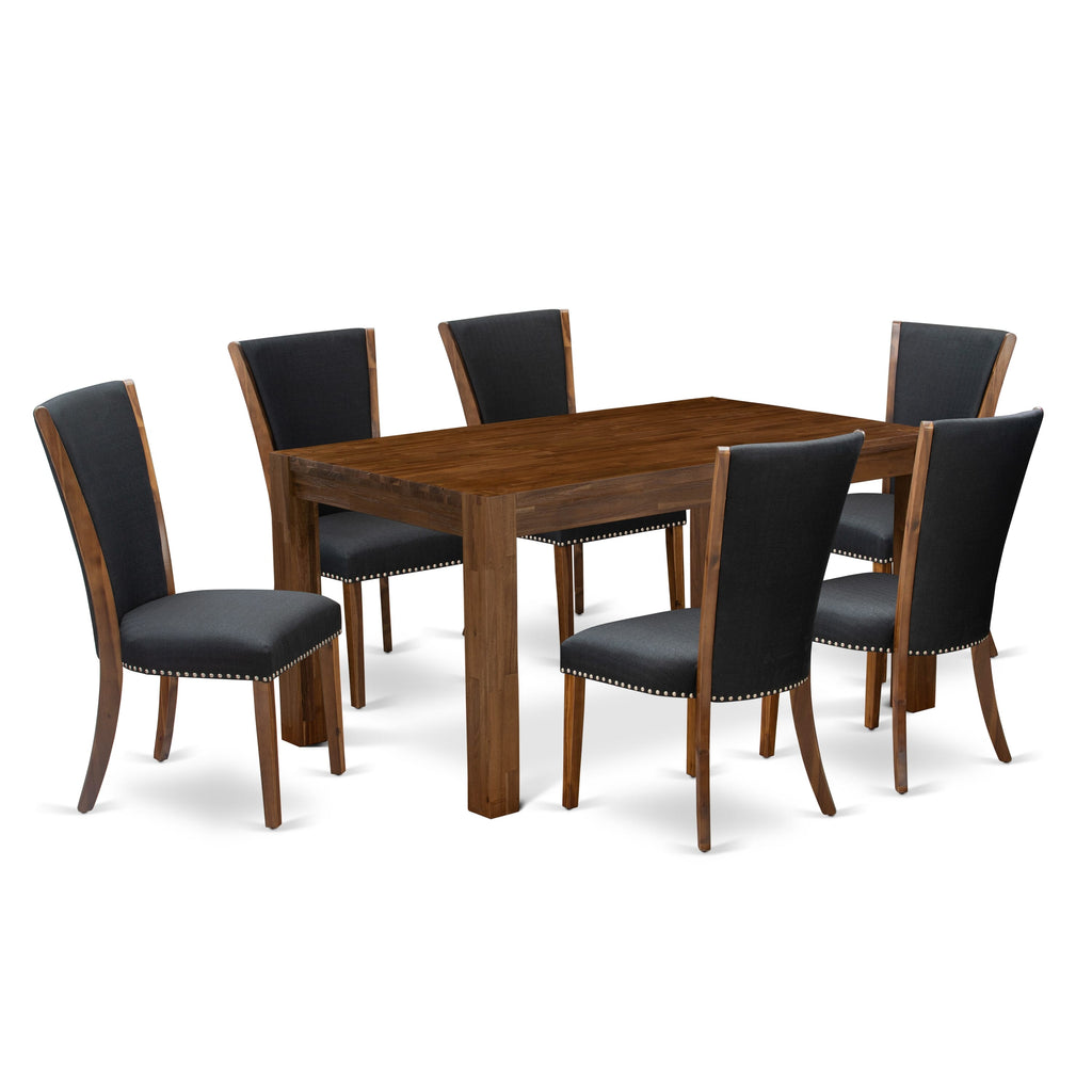 CNVE7-MX-HF 7-Piece Dining Set with Rustic Rectangle Wood Table & 6 Black Linen Upholstered Chairs