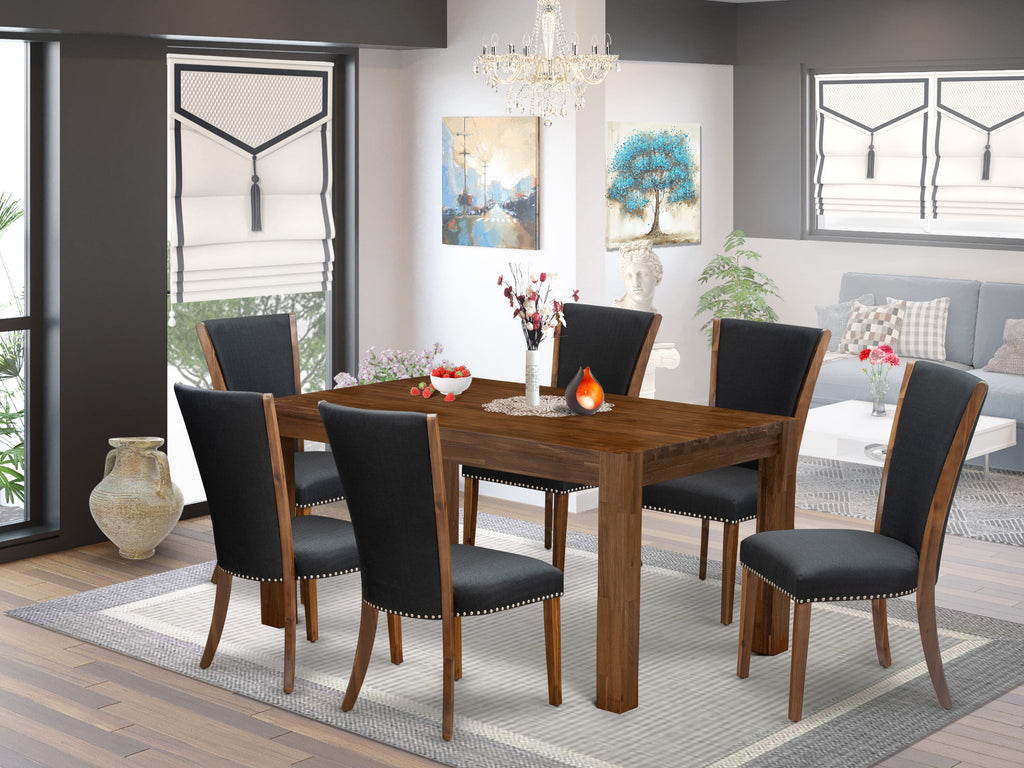 CNVE7-MX-HF 7-Piece Dining Set with Rustic Rectangle Wood Table & 6 Black Linen Upholstered Chairs