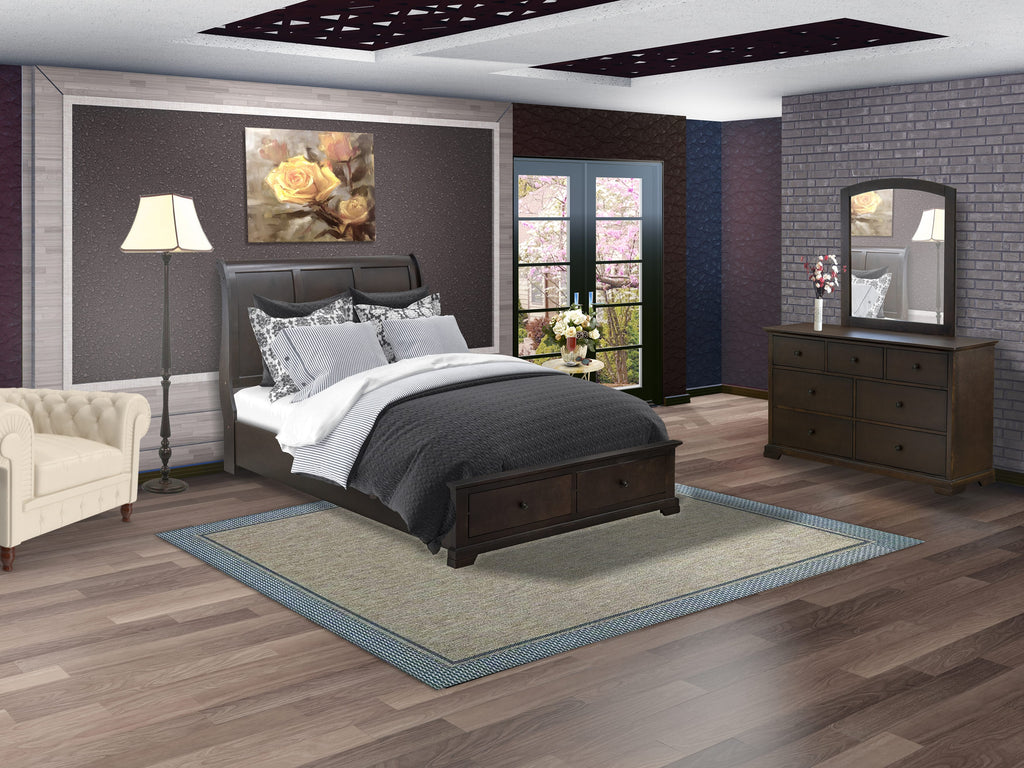 Cordova CO21-8U3ASW 3-Piece Walnut Bedroom Ensemble Modern Bed Frame, Mid-Century Mirror & 6-Drawer Dresser