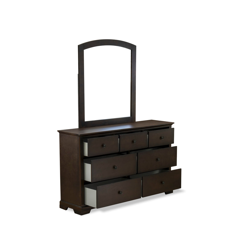 Cordova CO21-8U3ASW 3-Piece Walnut Bedroom Ensemble Modern Bed Frame, Mid-Century Mirror & 6-Drawer Dresser