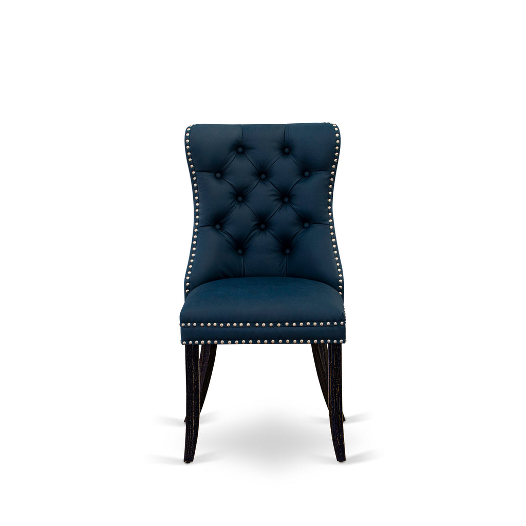 DAPFF5E Set of 2 Button Tufted Navy Kitchen Chairs with Nailhead Design - Faux Leather in Sand Blasted Black