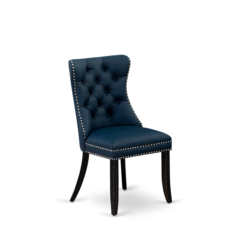 DAPFF5E Set of 2 Button Tufted Navy Kitchen Chairs with Nailhead Design - Faux Leather in Sand Blasted Black