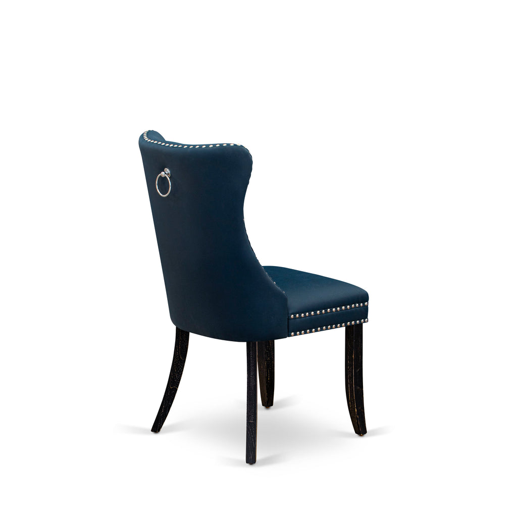 DAPFF5E Set of 2 Button Tufted Navy Kitchen Chairs with Nailhead Design - Faux Leather in Sand Blasted Black