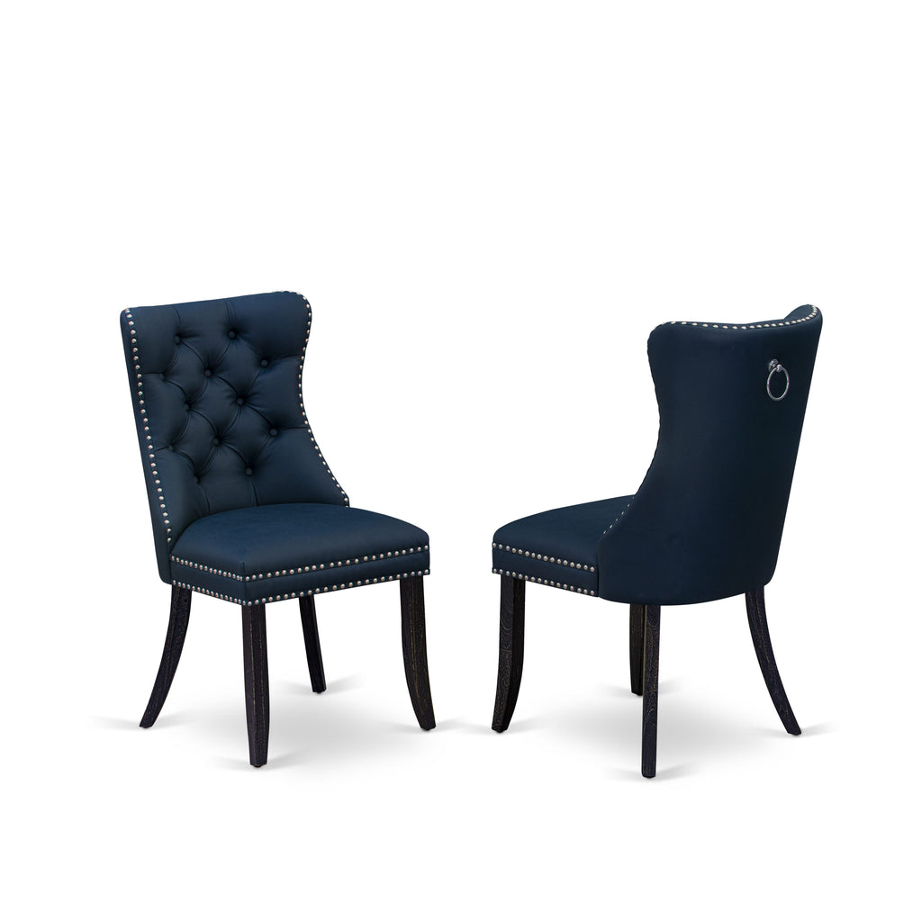 DAPFF5E Set of 2 Button Tufted Navy Kitchen Chairs with Nailhead Design - Faux Leather in Sand Blasted Black