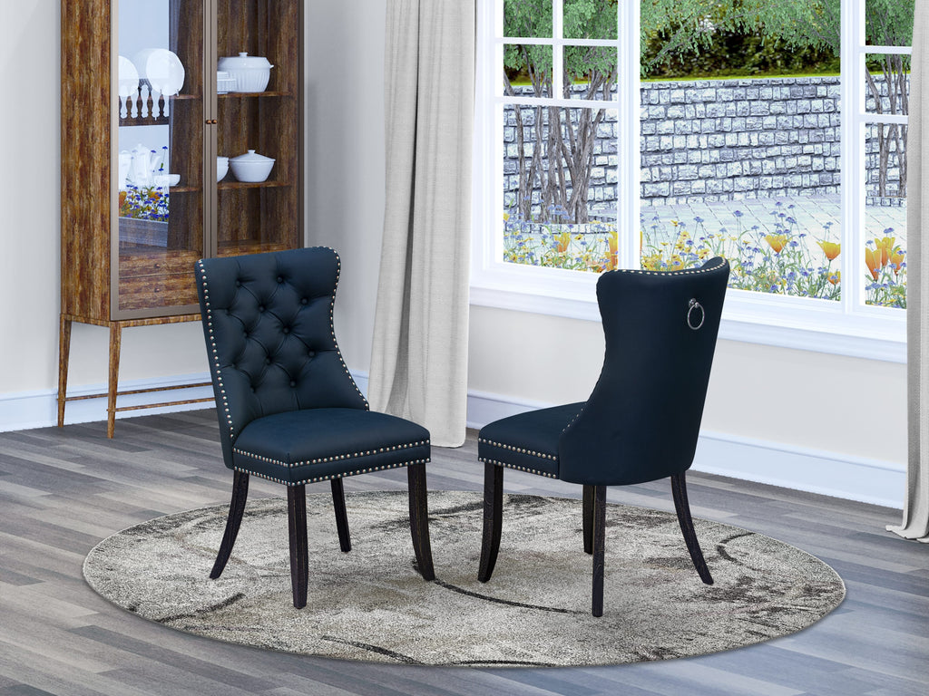 DAPFF5E Set of 2 Button Tufted Navy Kitchen Chairs with Nailhead Design - Faux Leather in Sand Blasted Black