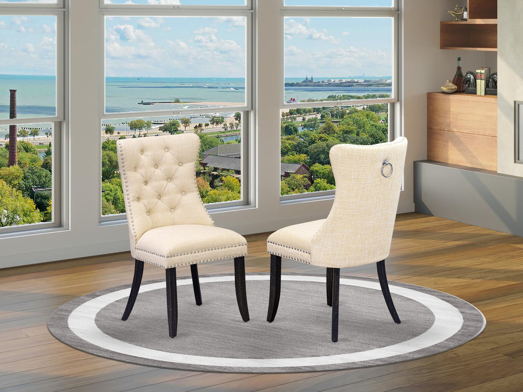 DAPFLZQ Fabric Padded Dallas Parson Chairs Button Tufted Nailhead Trim, Light Beige, Sand Blasted Black - Set of 2