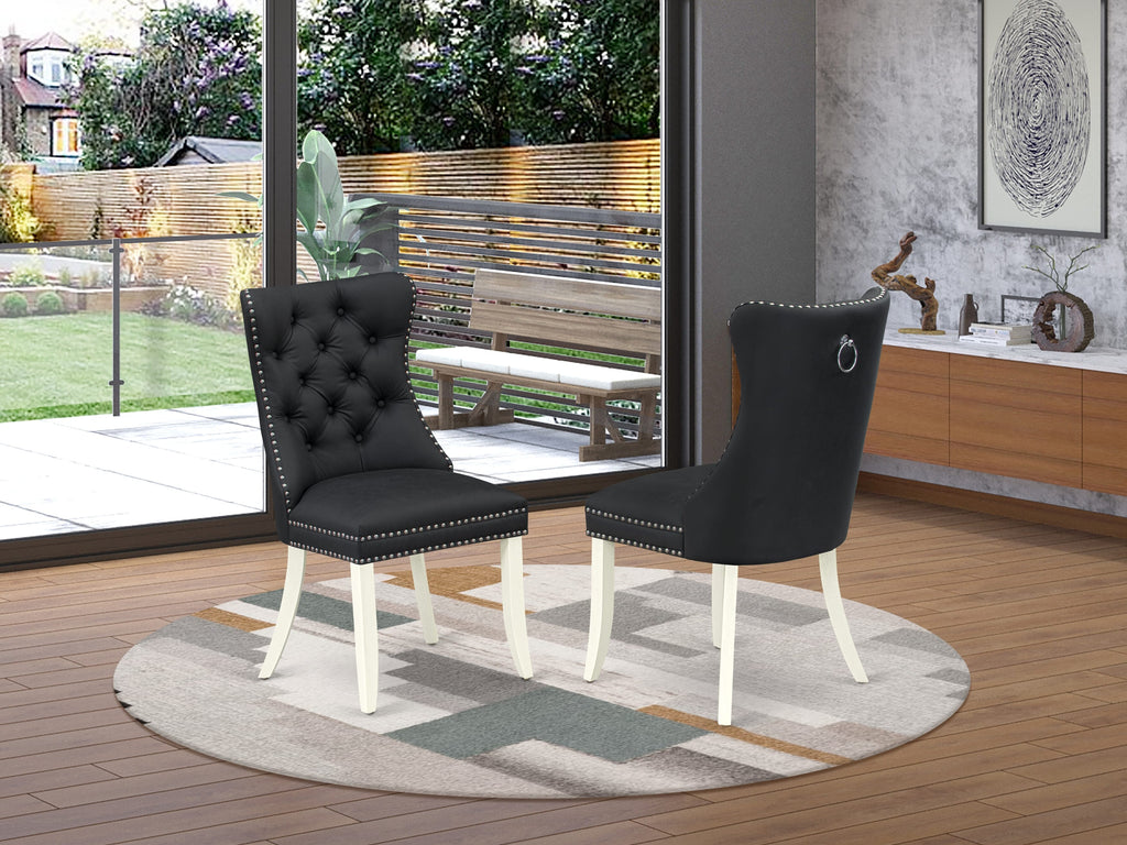 DAPHF43 Set of 2 Dallas Dining Room Chairs with Button Tufted Nailhead Trim in Dark Gray Faux Leather and Bright Linen