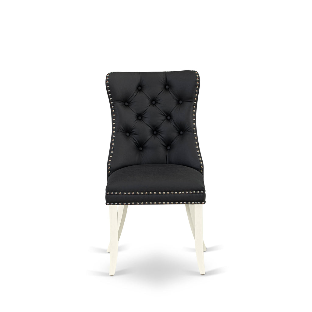 DAPHF43 Set of 2 Dallas Dining Room Chairs with Button Tufted Nailhead Trim in Dark Gray Faux Leather and Bright Linen