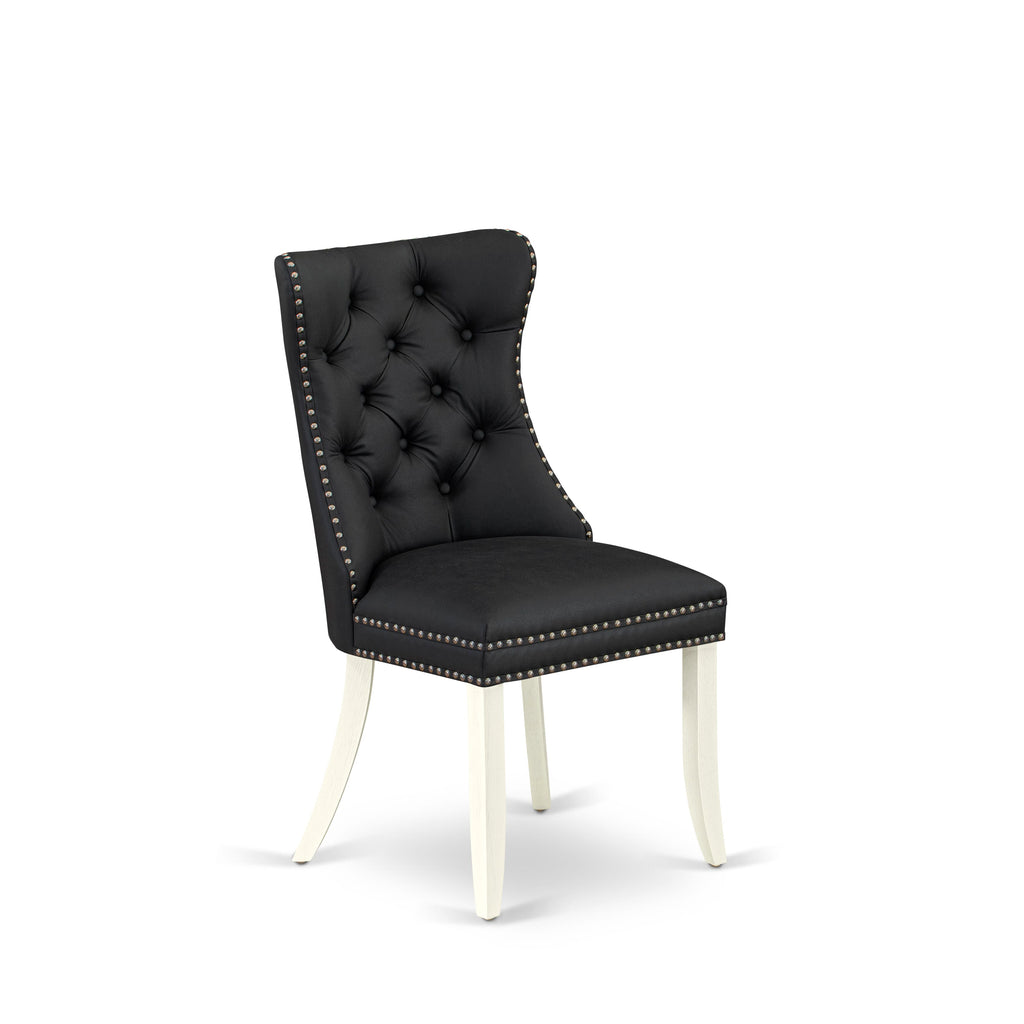 DAPHF43 Set of 2 Dallas Dining Room Chairs with Button Tufted Nailhead Trim in Dark Gray Faux Leather and Bright Linen