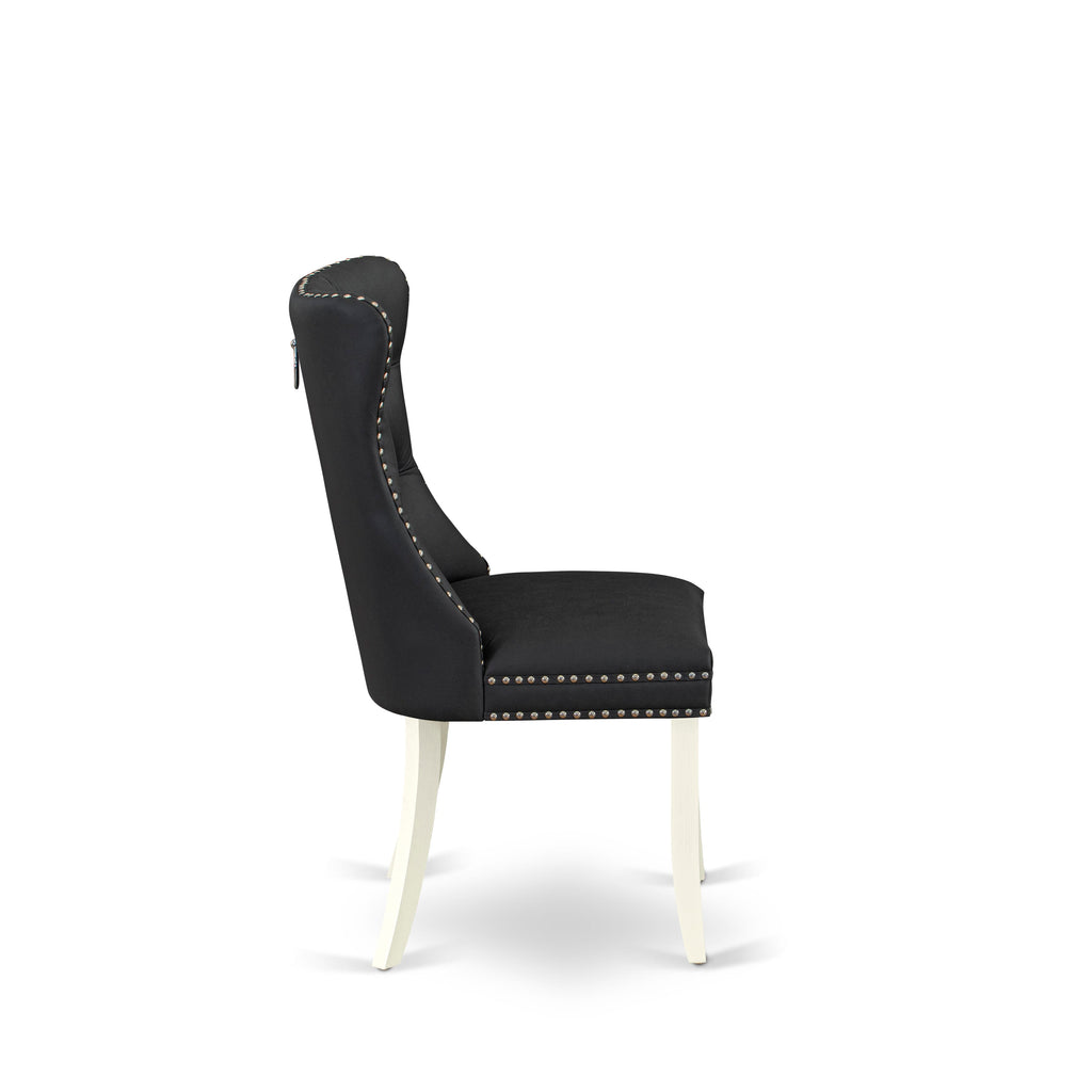 DAPHF43 Set of 2 Dallas Dining Room Chairs with Button Tufted Nailhead Trim in Dark Gray Faux Leather and Bright Linen